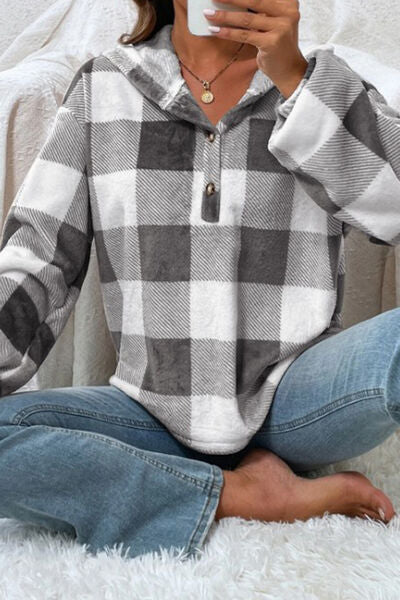 TEEK - Plaid Quarter Button Hoodie TOPS TEEK Trend   