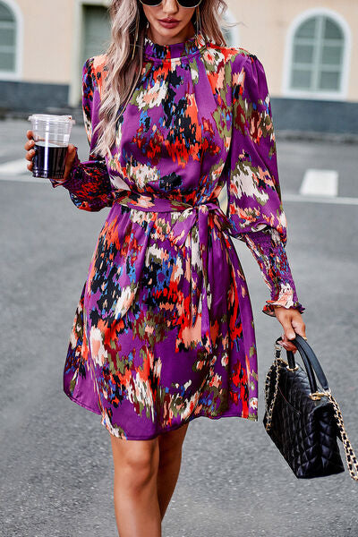 TEEK - Floral Tie Waist Lantern Sleeve Dress DRESS TEEK Trend Purple S 
