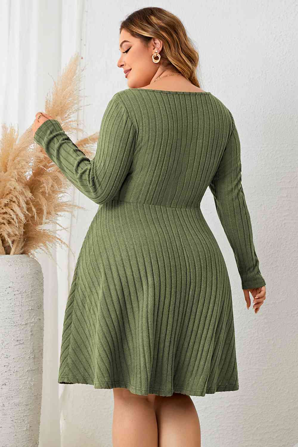 Plus Size Sweetheart Neck Long Sleeve Ribbed Dress Matcha Green / 1XL Plus Size Sweetheart Neck Long Sleeve Ribbed Dress Matcha Green / 1XL