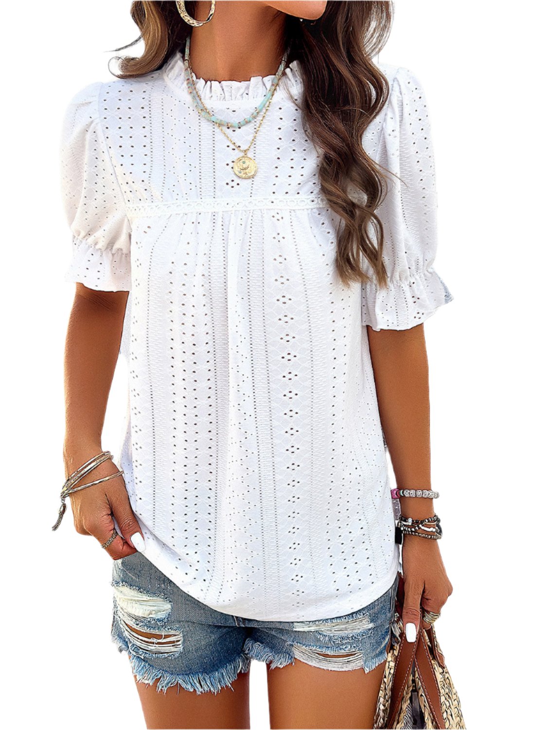 TEEK - Eyelet Mock Neck Flounce Sleeve Blouse TOPS TEEK Trend White S 