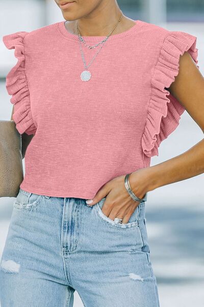 TEEK - Blush Pink Ruffled Neck Cap Sleeve Blouse TOPS TEEK Trend S  