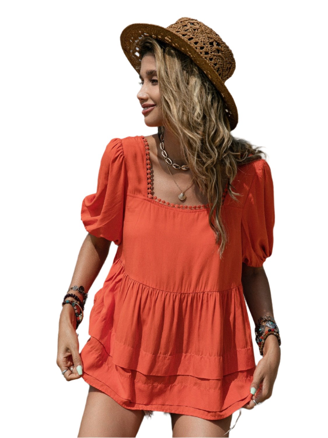 TEEK - Red Orange Peplum Square Neck Blouse TOPS TEEK Trend S  