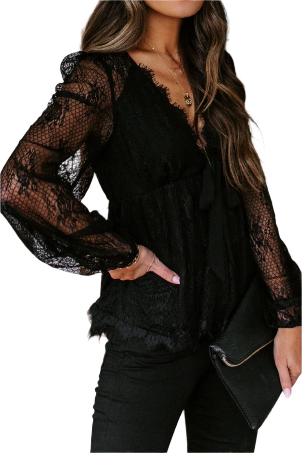 TEEK - Lace Plunge Long Sleeve Blouse TOPS TEEK Trend Black S 