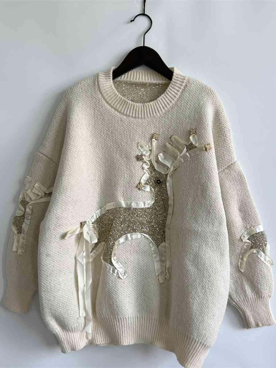 TEEK - Reindeer Textured Long Sleeve Sweater SWEATER TEEK Trend   