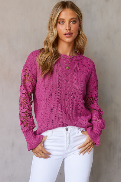 TEEK - Lace Lantern Sleeve Dropped Shoulder Sweater SWEATER TEEK Trend Deep Rose S 