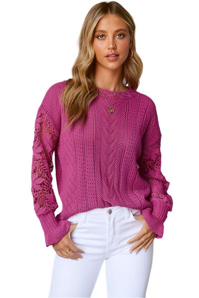 TEEK - Lace Lantern Sleeve Dropped Shoulder Sweater SWEATER TEEK Trend Deep Rose S 