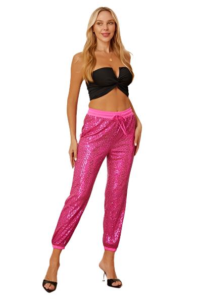 TEEK - Hot Pink Sequin Drawstring Pants with Pockets PANTS TEEK Trend   