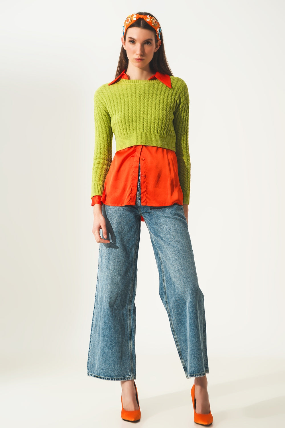 TEEK - Lime Green Round Neck Cable Knit Crop Sweater SWEATER TEEK M   