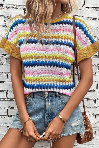 TEEK - Striped Multicolor Short Sleeve Sweater TOPS TEEK Trend S  