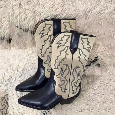 TEEK - Embroidered Stitch Block Heel Cowboy Boots SHOES TEEK Trend 35(US4)  