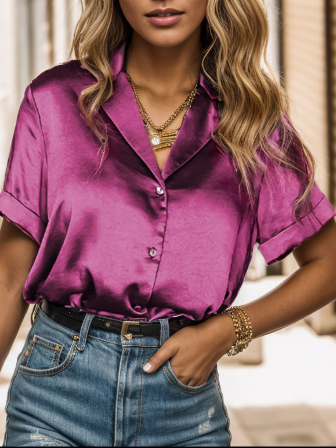 TEEK - Fuchsia Button Up Collared Short Sleeve Shirt TOPS TEEK Trend   