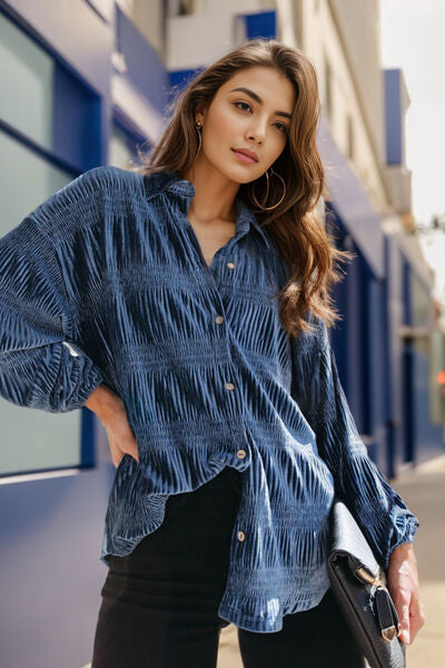 TEEK - Ruched Button Up Collared Shirt TOPS TEEK Trend Navy XS 