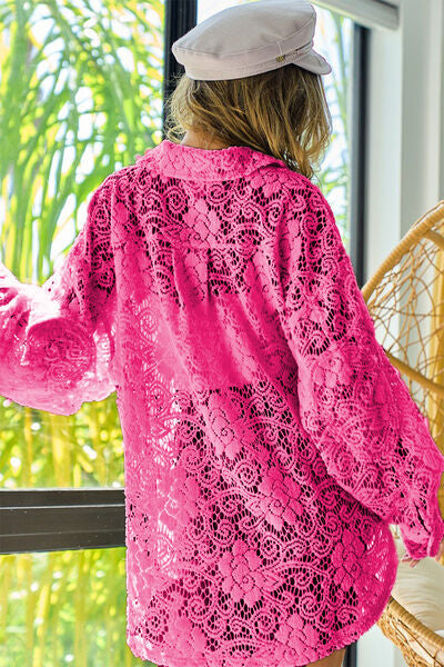 TEEK - Fuchsia Button Up Floral Lace Shacket TOPS TEEK Trend   