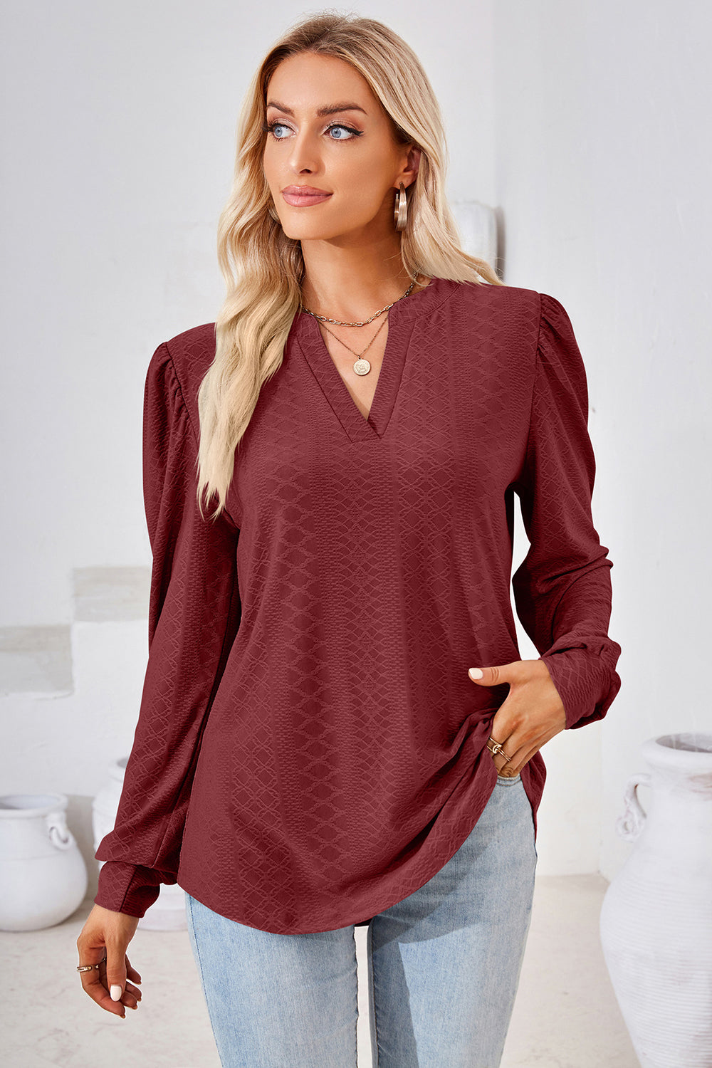 TEEK - Notched Long Sleeve Top TOPS TEEK Trend Brick Red S 