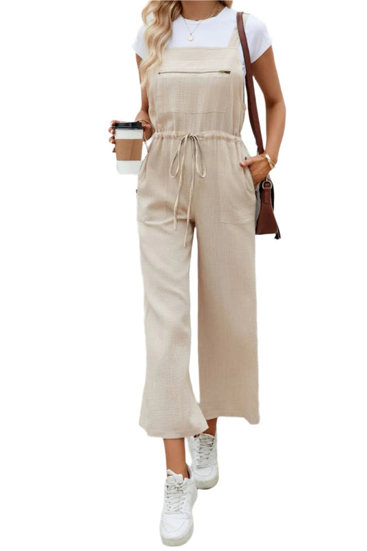 TEEK - Cream Drawstring Wide Strap Zip Pocket Overalls OVERALLS TEEK Trend S  