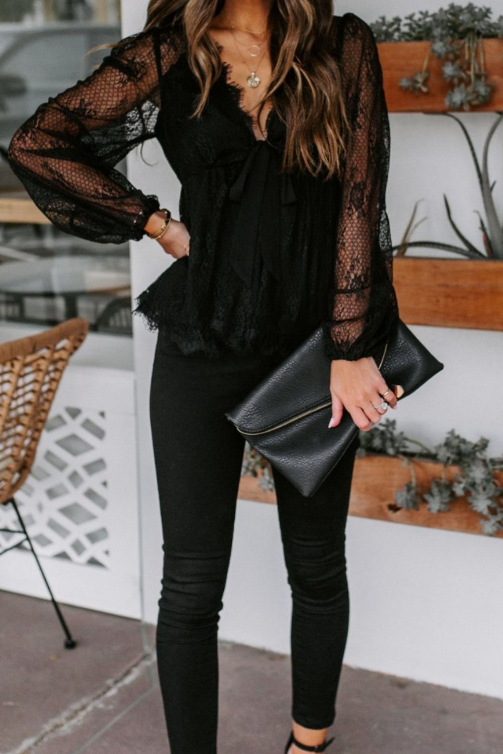 TEEK - Lace Plunge Long Sleeve Blouse TOPS TEEK Trend   