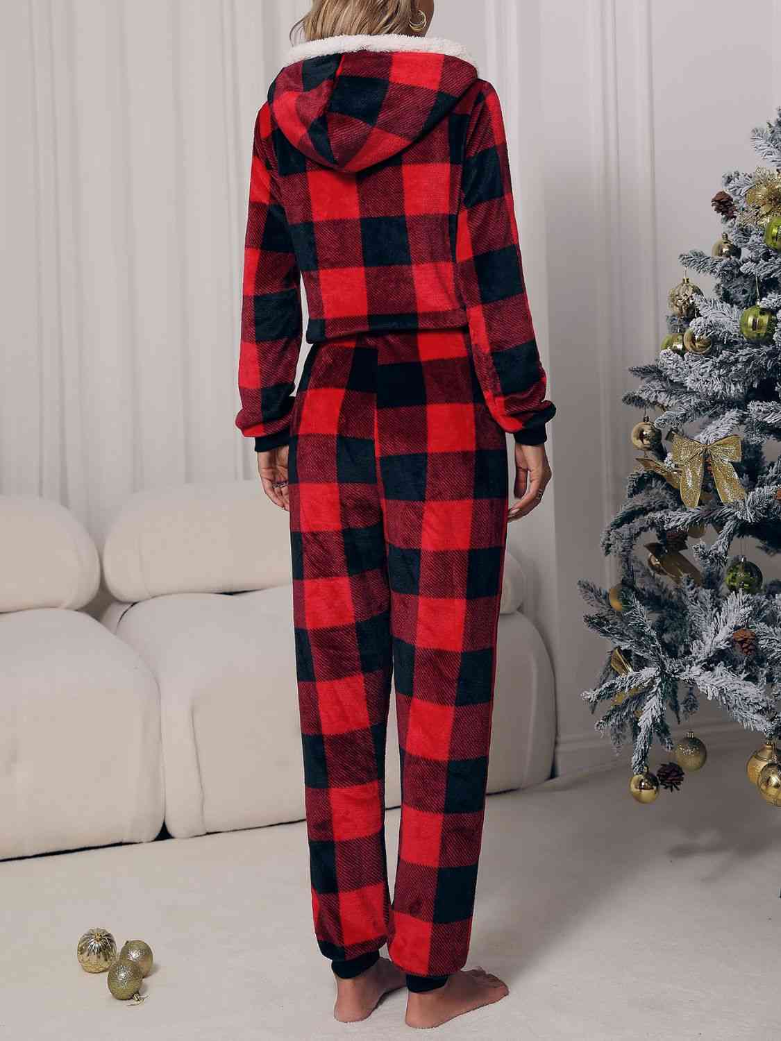 TEEK - Plaid Zip Front Long Sleeve Hooded Jumpsuit JUMPSUIT TEEK Trend   