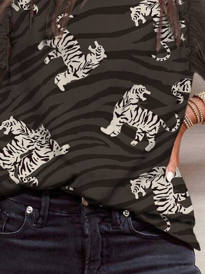 TEEK - Black Ruffled Feline Print Blouse TOPS TEEK Trend   