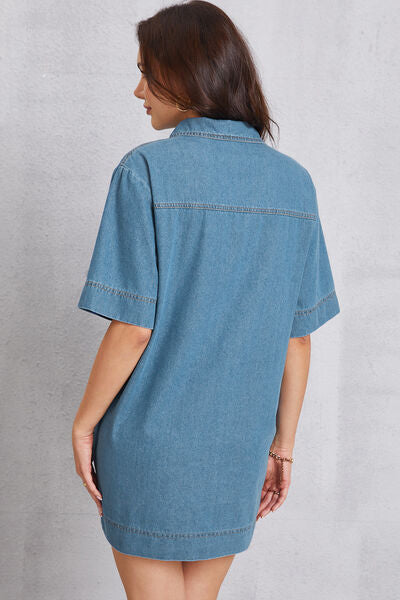 TEEK - Pocketed Collared Mini Denim Dress DRESS TEEK Trend   
