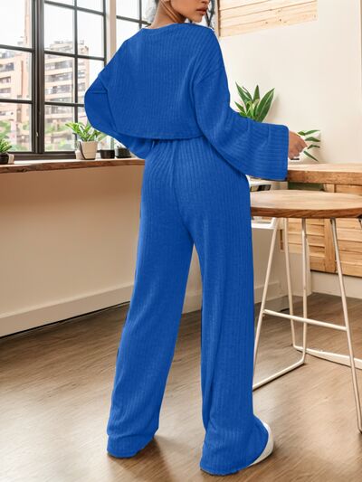 TEEK - Ribbed Crop Top and Drawstring Pants Set SET TEEK Trend Royal  Blue XS 