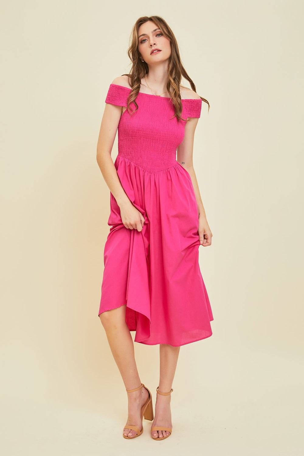 TEEK - Fuchsia Off-Shoulder Smocked Midi Dress DRESS TEEK Trend   