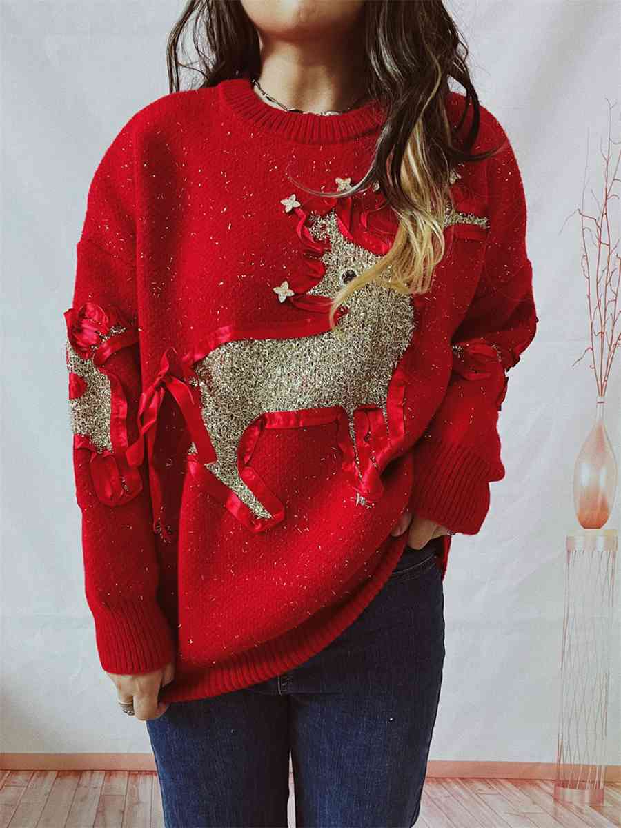 TEEK - Reindeer Textured Long Sleeve Sweater SWEATER TEEK Trend Red S 