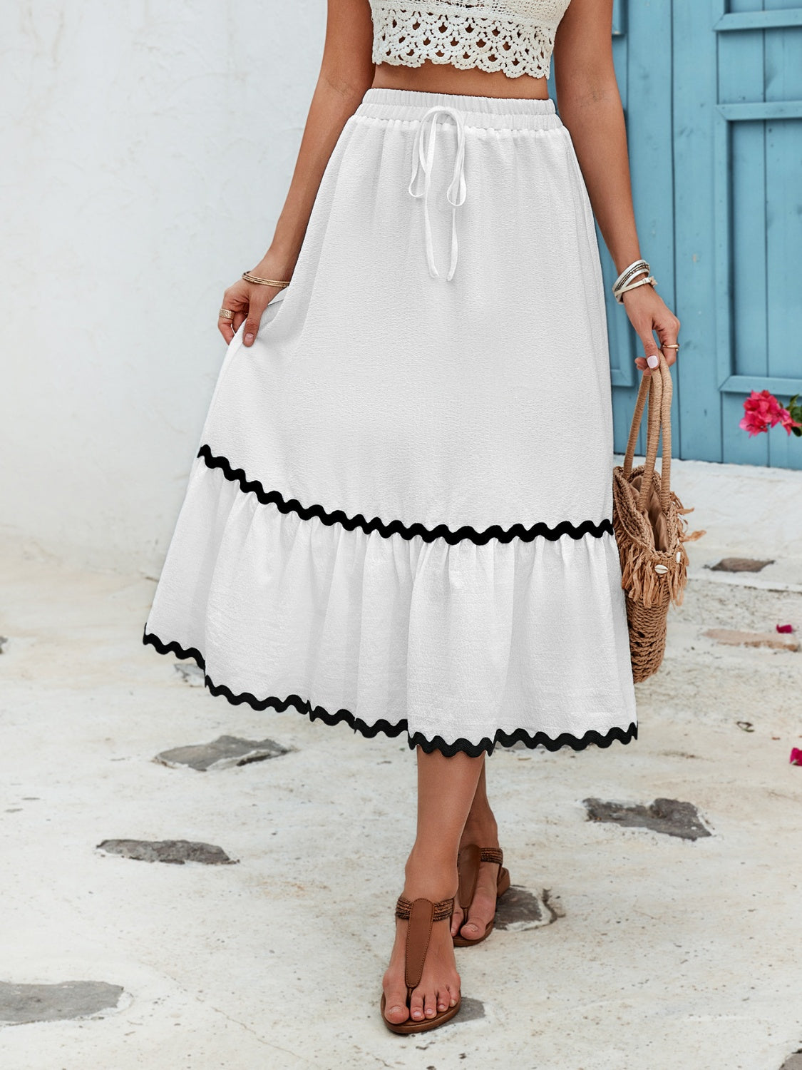 TEEK - White Tied Contrast Trim High Waist Skirt SKIRT TEEK Trend   