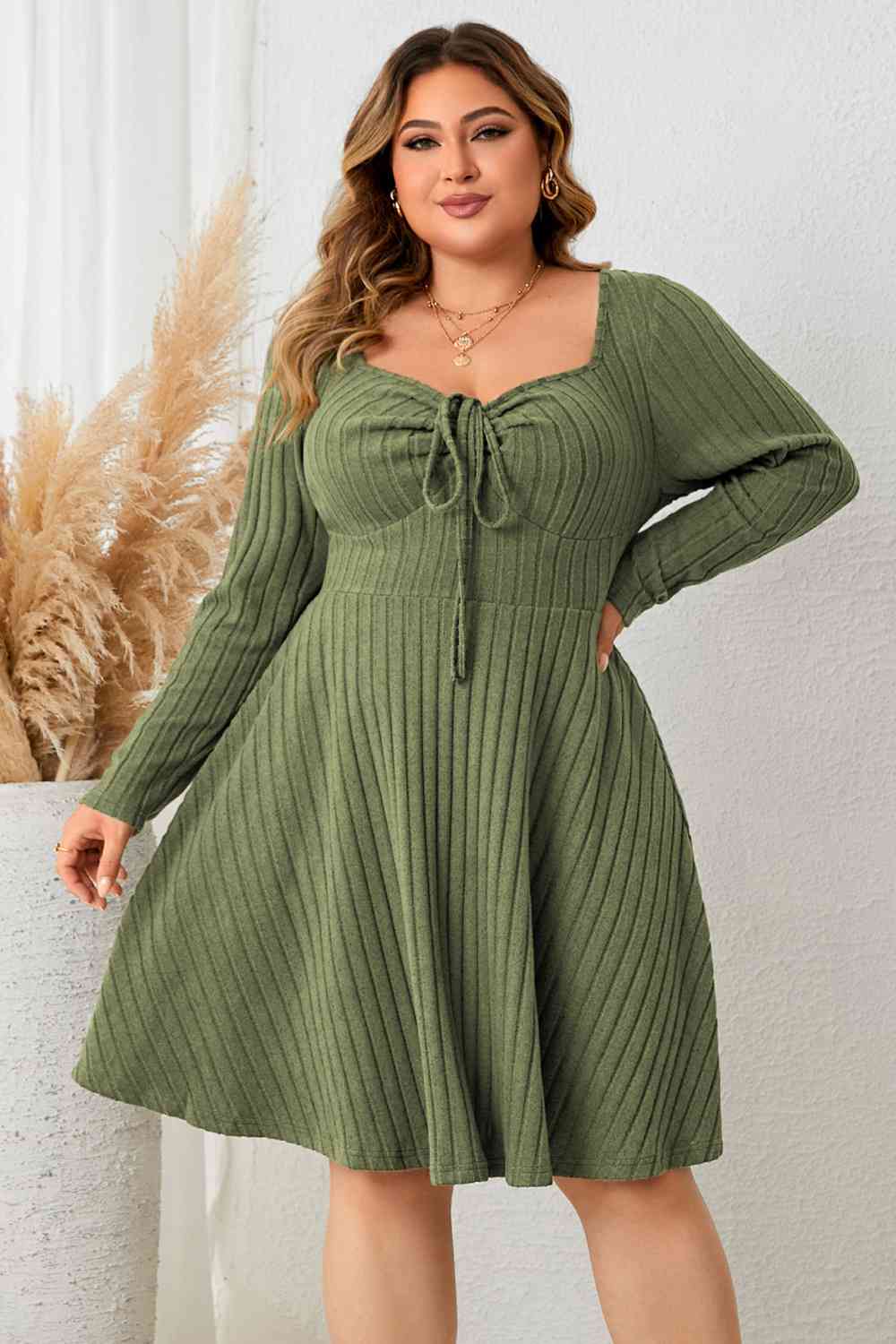 TEEK - Plus Size Matcha Green Sweetheart Neck Long Sleeve Ribbed Dress DRESS TEEK Trend   