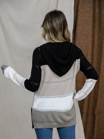 TEEK - Black Eyelet Color Block Hooded Sweater TOPS TEEK Trend   