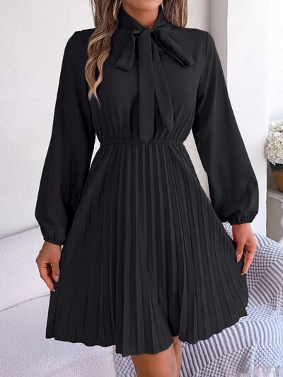 TEEK - Tie Neck Balloon Sleeve Pleated Dress DRESS TEEK Trend Black S 