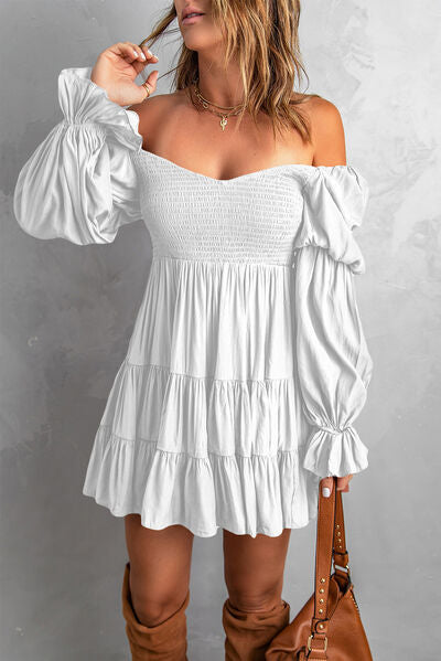 TEEK - Smocked Off-Shoulder Tiered Mini Dress DRESS TEEK Trend White S 