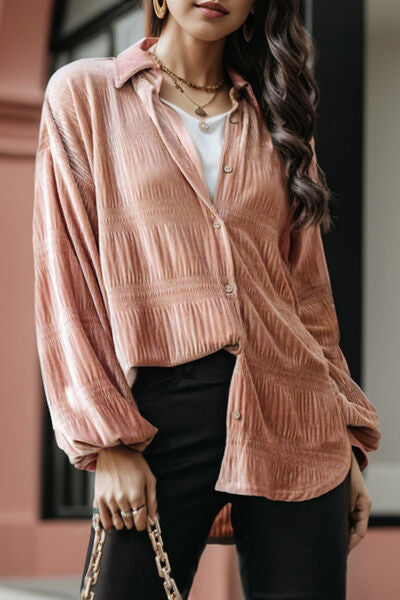 TEEK - Ruched Button Up Collared Shirt TOPS TEEK Trend   