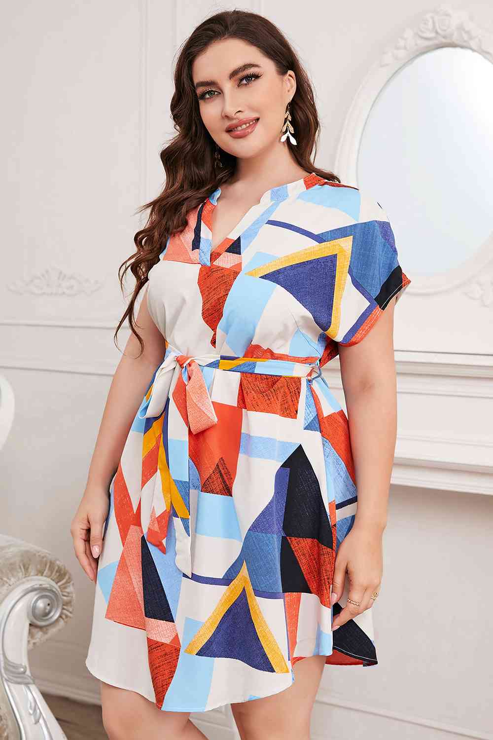 TEEK - Multicolor Plus Size Notched Neck Tie Waist Dress DRESS TEEK Trend   