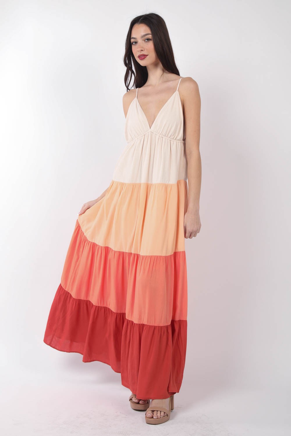 TEEK - Sunset VJ Color Block Tiered Maxi Cami Dress DRESS TEEK Trend S  