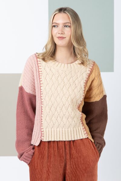TEEK - VJ Oatmeal Block Cable Knit Sweater SWEATER TEEK Trend S  