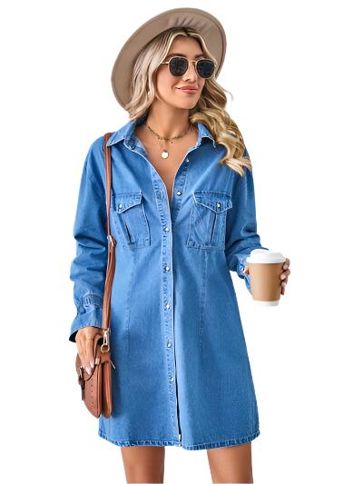 TEEK - Pocketed Button Mini Denim Dress DRESS TEEK Trend Dusty  Blue S 