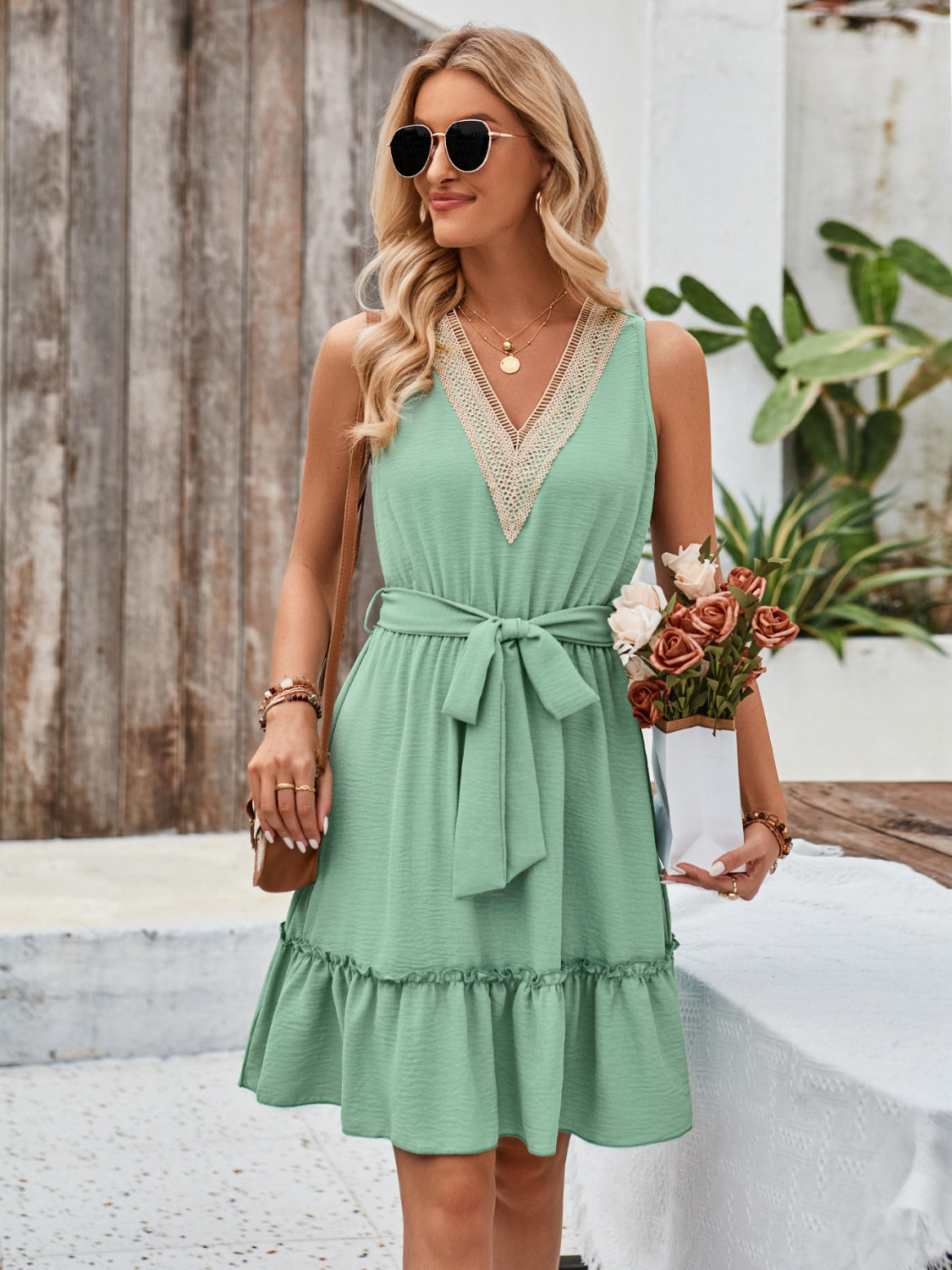 TEEK - Tied Frill Sleeveless Dress DRESS TEEK Trend Gum Leaf S 