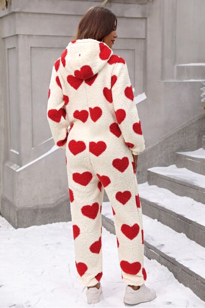 TEEK - Fuzzy Heart Hooded Lounge Jumpsuit JUMPSUIT TEEK Trend   