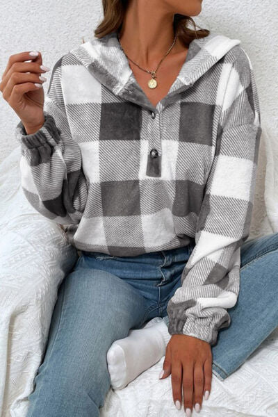 TEEK - Plaid Quarter Button Hoodie TOPS TEEK Trend   