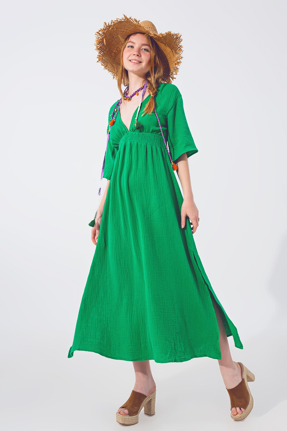 TEEK - Green Textured V-Neck Maxi Dress DRESS theteekdotcom   