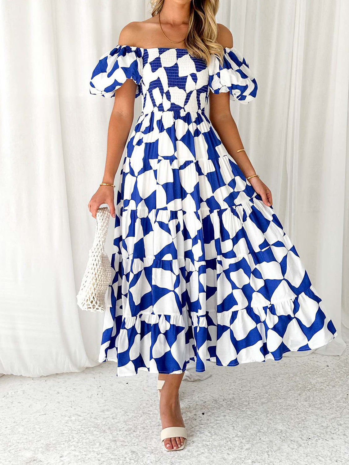 TEEK - Tiered Smocked Puff Sleeve Dress DRESS TEEK Trend Royal  Blue S 