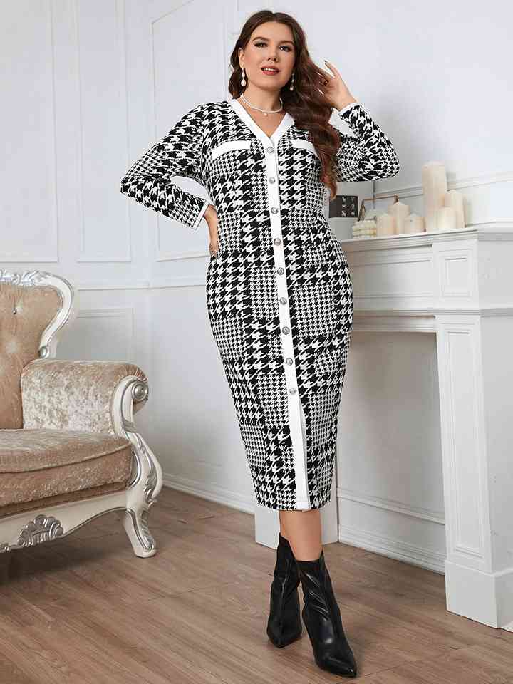 TEEK - Plus Size Houndstooth Long Sleeve Dress DRESS TEEK Trend   