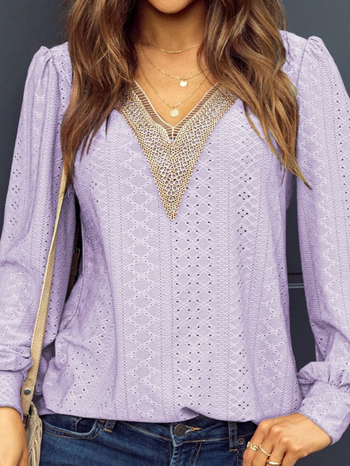 TEEK - Eyelet V-Neck Long Sleeve Blouse TOPS TEEK Trend Lavender S 