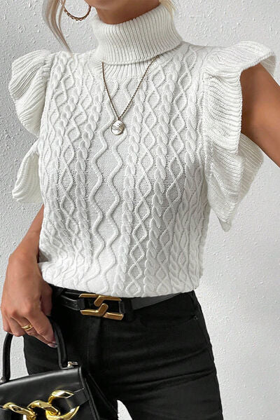 TEEK - White Turtleneck Cap Ruffle Sleeve Sweater SWEATER TEEK Trend S  
