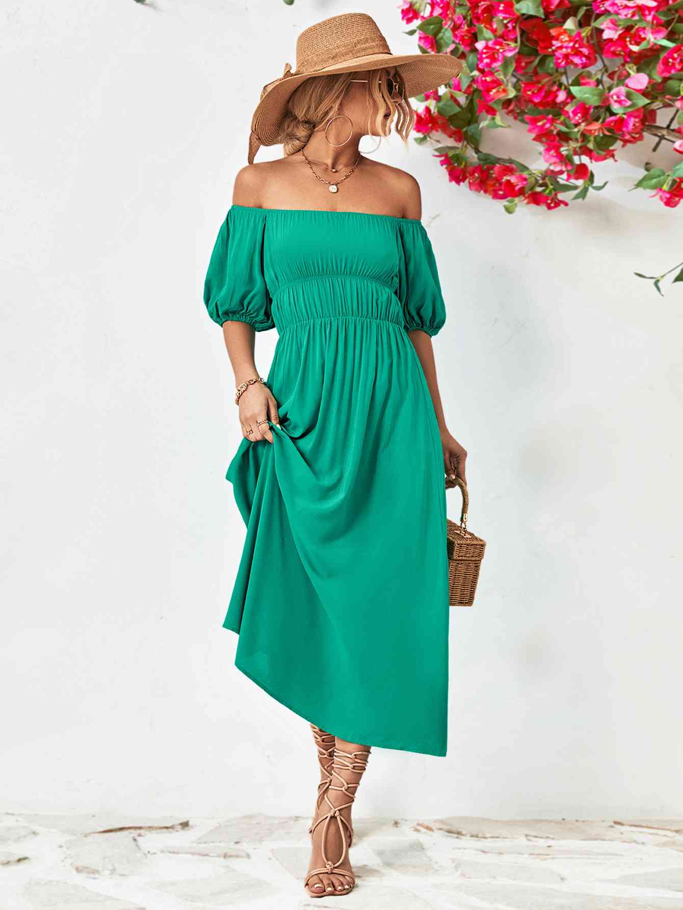 TEEK - Off-Shoulder Balloon Sleeve Midi Dress DRESS TEEK Trend   