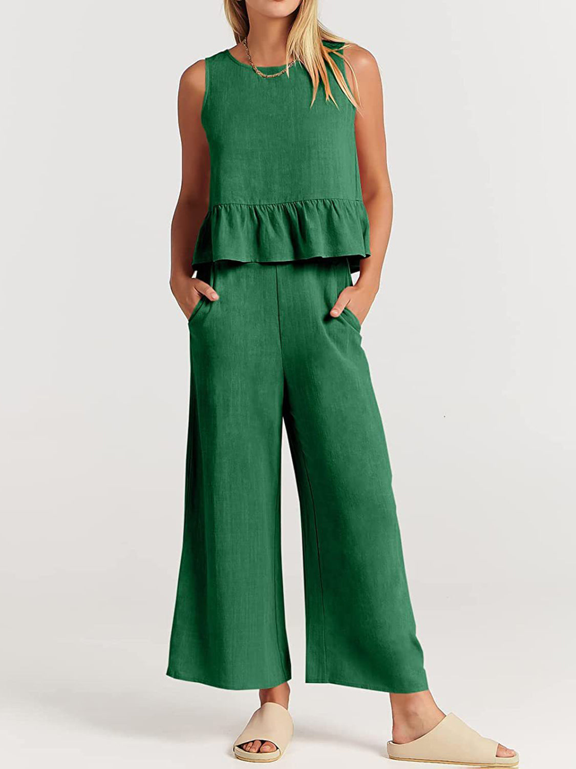 TEEK - Ruffle Bottom Top and Wide Leg Pants Set SET TEEK Trend Green S 