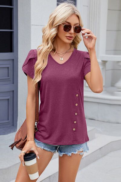 TEEK - Button Down Detail Short Sleeve T-Shirt TOPS TEEK Trend Fuchsia S 