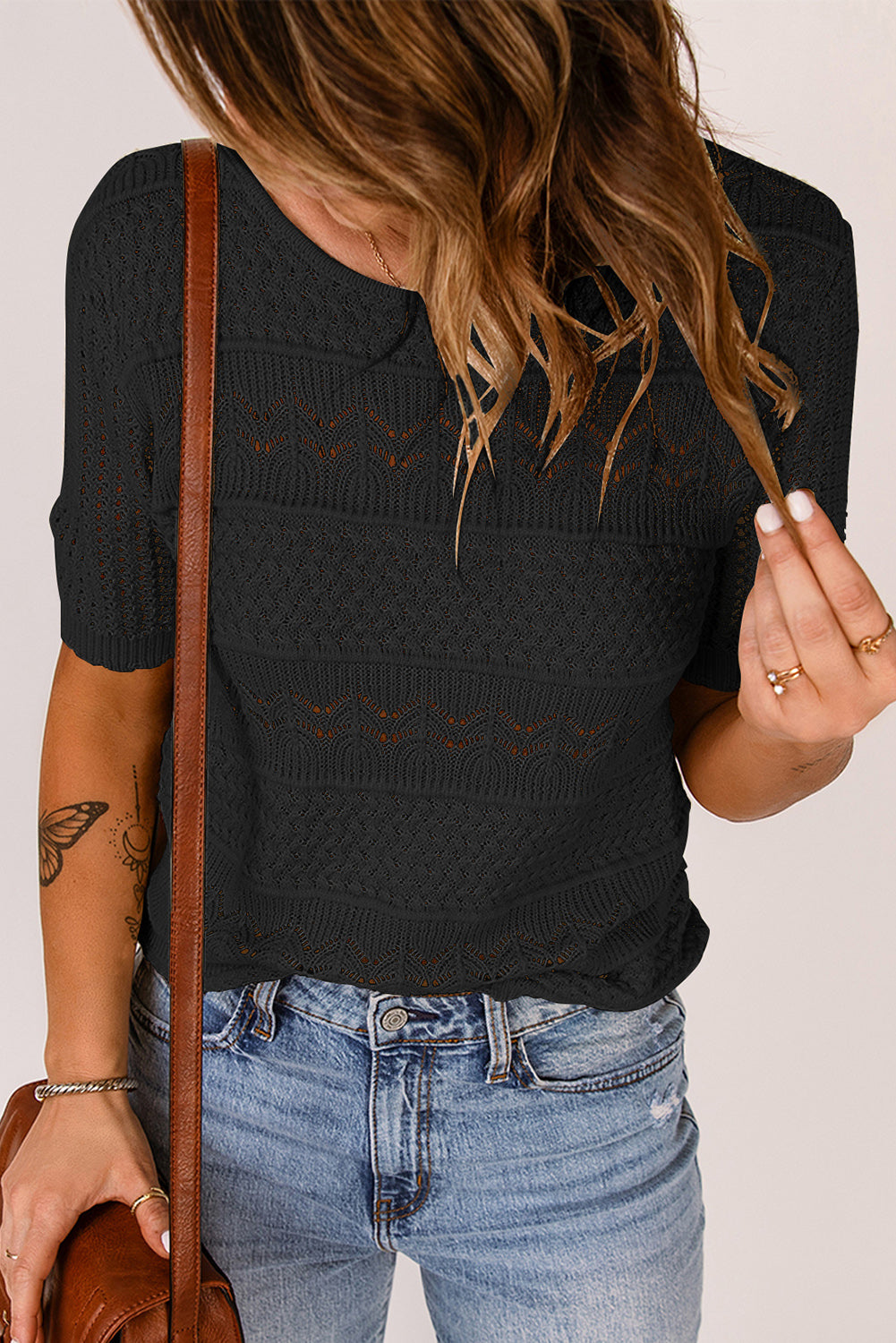 TEEK - Black Round Neck Short Sleeve Knit Top TOPS TEEK Trend   