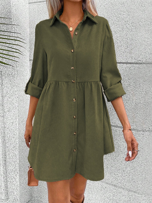 TEEK - Army Green Button Up Collared Neck Long Sleeve Dress DRESS TEEK Trend S  
