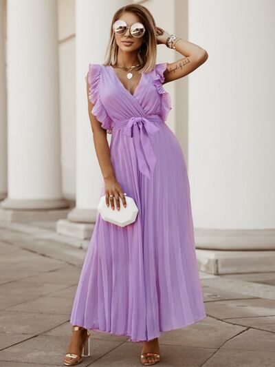 TEEK - Tied Cap Sleeve Pleated Dress DRESS TEEK Trend Lavender S 